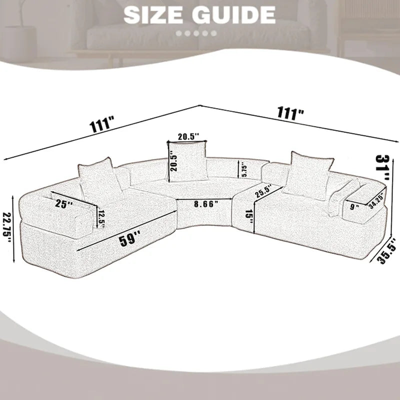 Canapé modulaire sectionnel d'angle en forme de L en bouclette surdimensionné 111, 3 pièces combinables librement