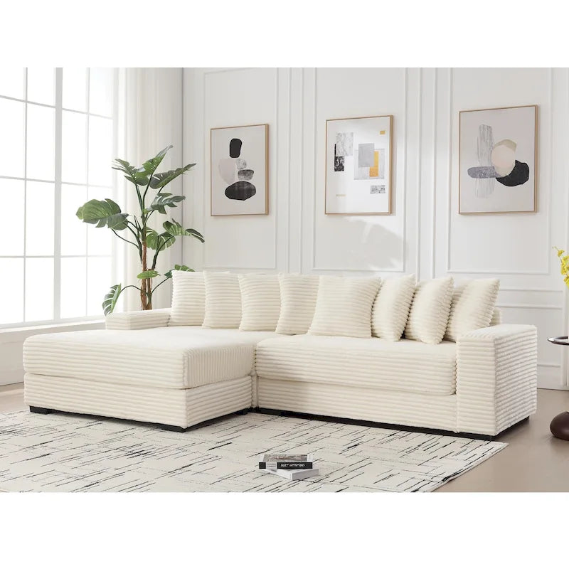 Canapé d'angle en velours côtelé beige 111 avec grande méridienne à gauche et 8 coussins décoratifs