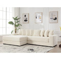 Canapé d'angle en velours côtelé beige 111 avec grande méridienne à gauche et 8 coussins décoratifs