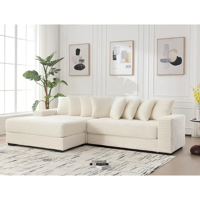 Canapé d'angle en velours côtelé beige 111 avec grande méridienne à gauche et 8 coussins décoratifs