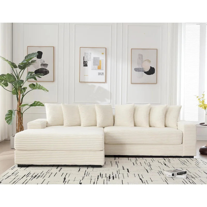 Canapé d'angle en velours côtelé beige 111 avec grande méridienne à gauche et 8 coussins décoratifs