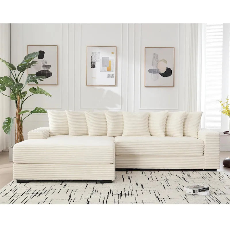 Canapé d'angle en velours côtelé beige 111 avec grande méridienne à gauche et 8 coussins décoratifs