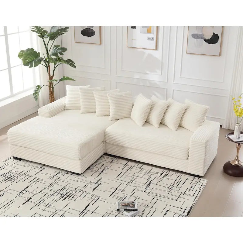 Canapé d'angle en velours côtelé beige 111 avec grande méridienne à gauche et 8 coussins décoratifs