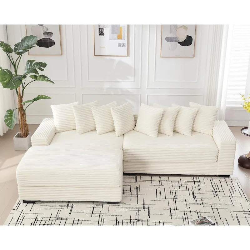 Canapé d'angle en velours côtelé beige 111 avec grande méridienne à gauche et 8 coussins décoratifs