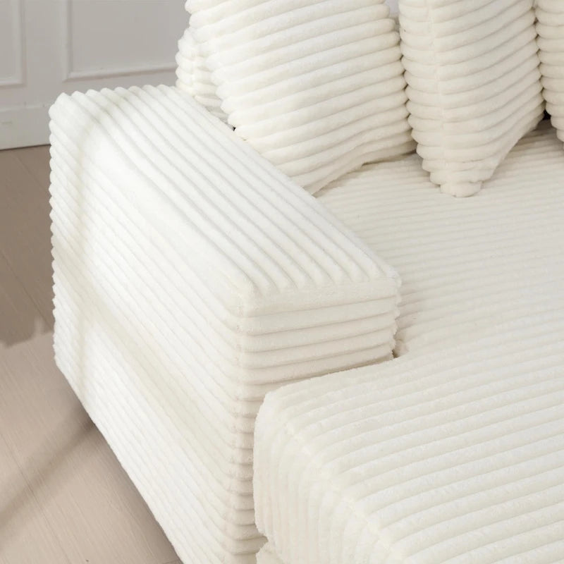 Canapé d'angle en velours côtelé beige 111 avec grande méridienne à gauche et 8 coussins décoratifs