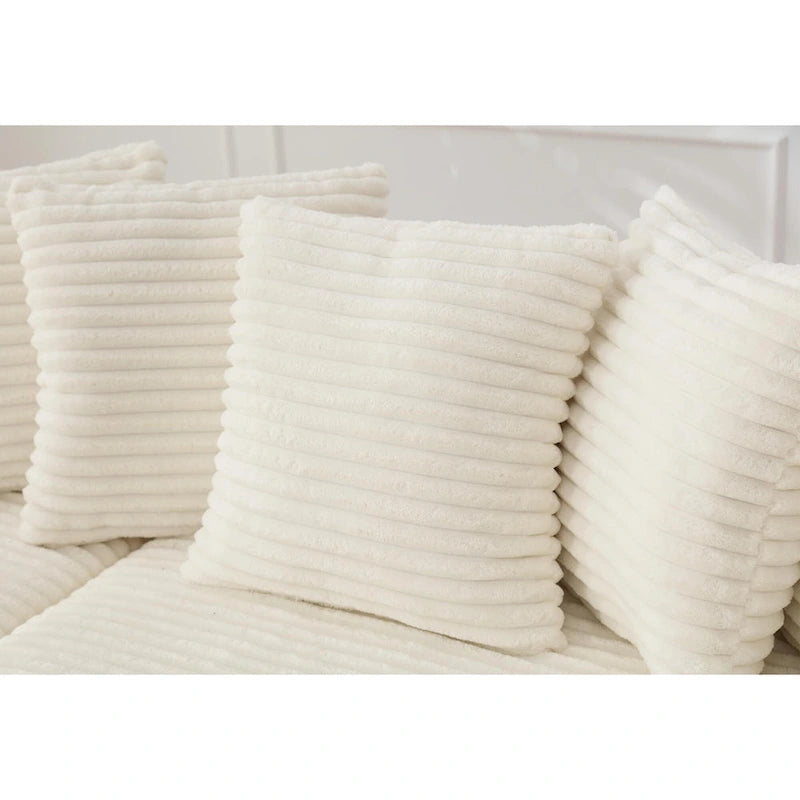Canapé d'angle en velours côtelé beige 111 avec grande méridienne à gauche et 8 coussins décoratifs