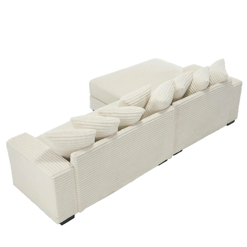 Canapé d'angle en velours côtelé beige 111 avec grande méridienne à gauche et 8 coussins décoratifs