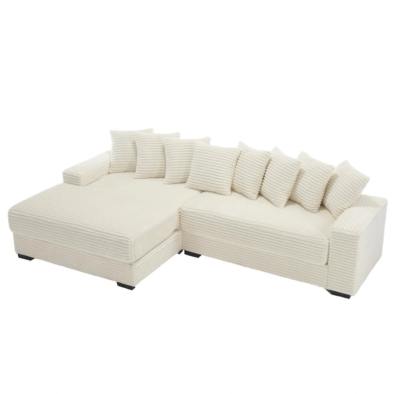 Canapé d'angle en velours côtelé beige 111 avec grande méridienne à gauche et 8 coussins décoratifs