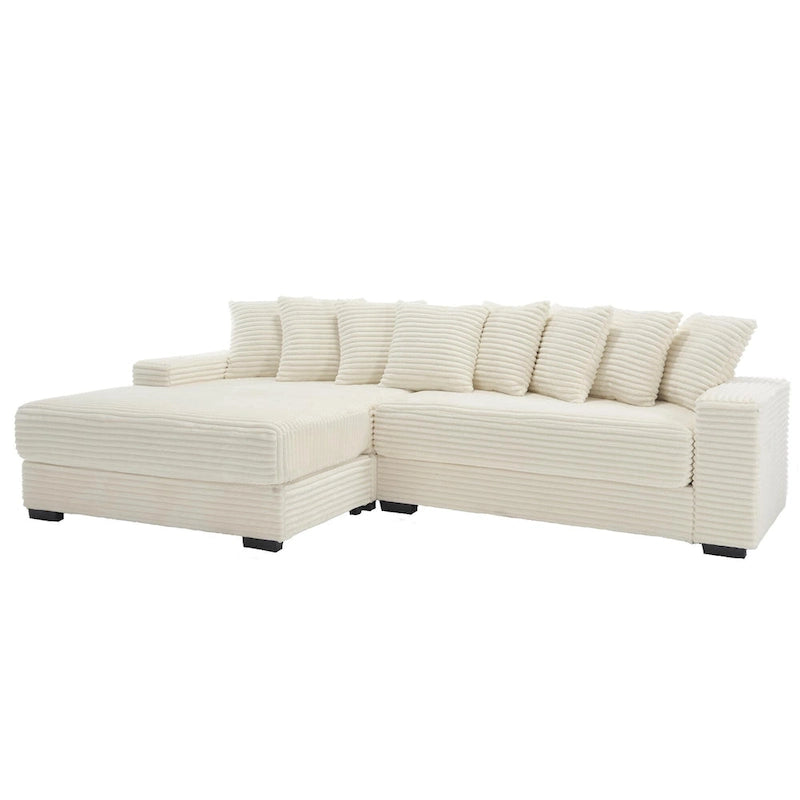 Canapé d'angle en velours côtelé beige 111 avec grande méridienne à gauche et 8 coussins décoratifs