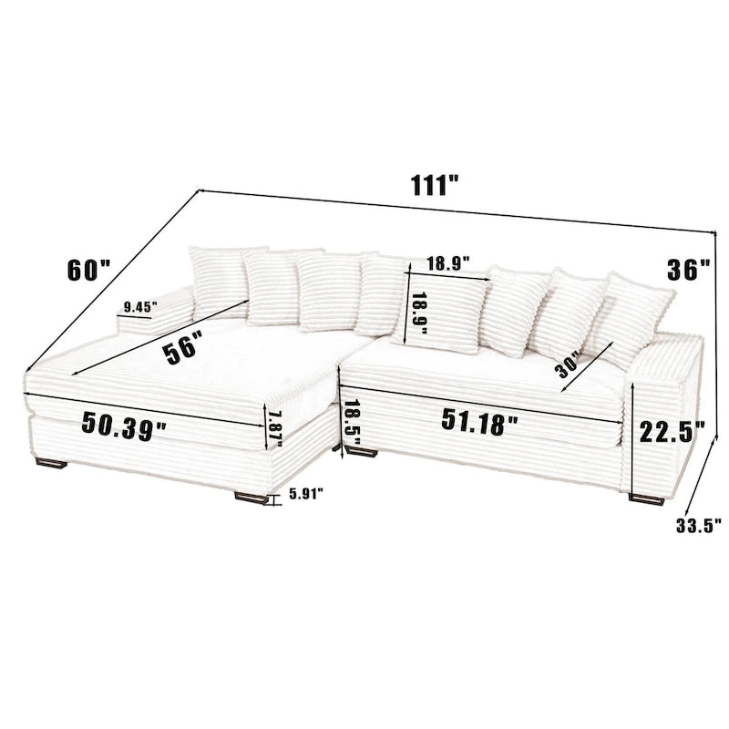 Canapé d'angle en velours côtelé beige 111 avec grande méridienne à gauche et 8 coussins décoratifs