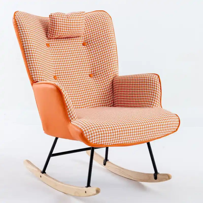 Fauteuil à bascule, fauteuil à bascule en tissu doux pied-de-poule et cuir pour chambre d'enfant