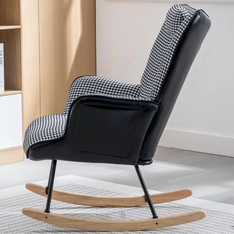 Fauteuil à bascule, fauteuil à bascule en tissu doux pied-de-poule et cuir pour chambre d'enfant