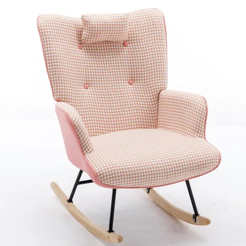 Fauteuil à bascule, fauteuil à bascule en tissu doux pied-de-poule et cuir pour chambre d'enfant