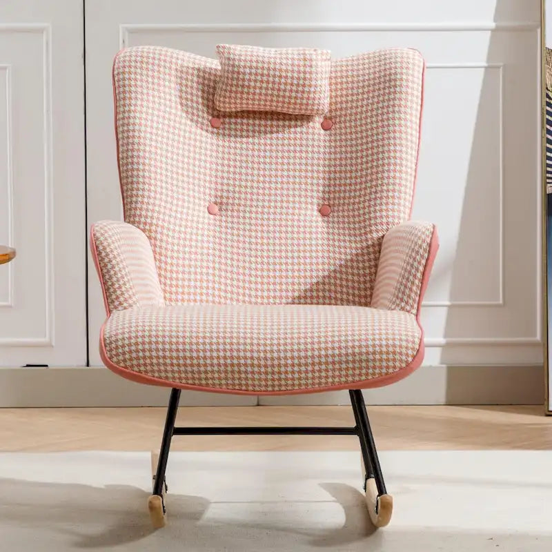Fauteuil à bascule, fauteuil à bascule en tissu doux pied-de-poule et cuir pour chambre d'enfant