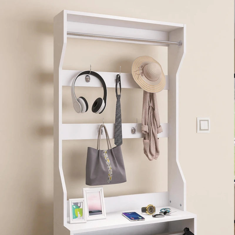 Meuble à chaussures avec miroir et 3 tiroirs basculants, organisateur de chaussures à grande capacité, crochets et cintres pour vêtements et chapeaux