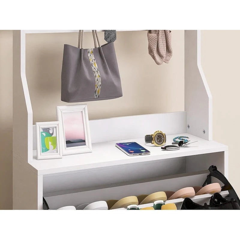 Meuble à chaussures avec miroir et 3 tiroirs basculants, organisateur de chaussures à grande capacité, crochets et cintres pour vêtements et chapeaux