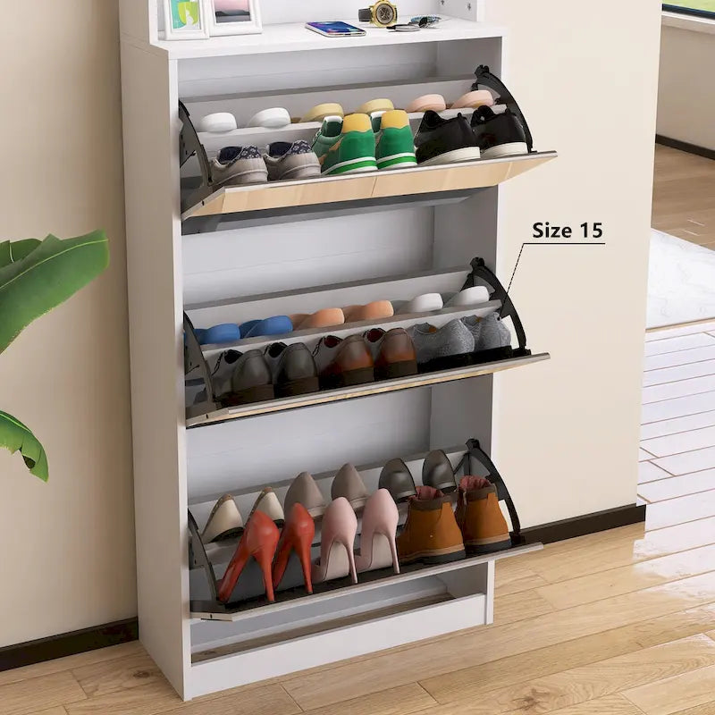 Meuble à chaussures avec miroir et 3 tiroirs basculants, organisateur de chaussures à grande capacité, crochets et cintres pour vêtements et chapeaux