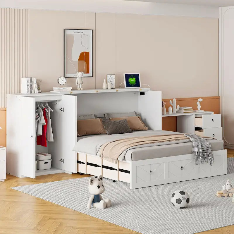 Lit escamotable Queen Size avec port USB, grand tiroir et penderie