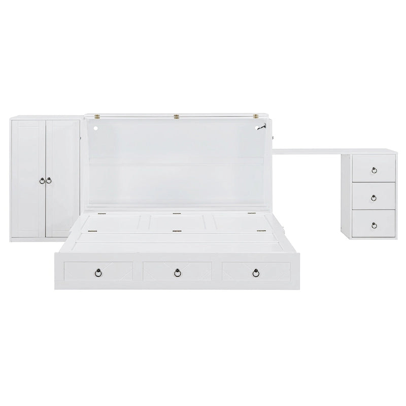 Lit escamotable Queen Size avec port USB, grand tiroir et penderie