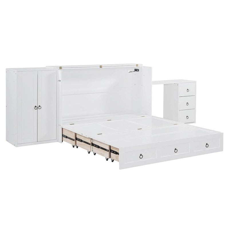 Lit escamotable Queen Size avec port USB, grand tiroir et penderie
