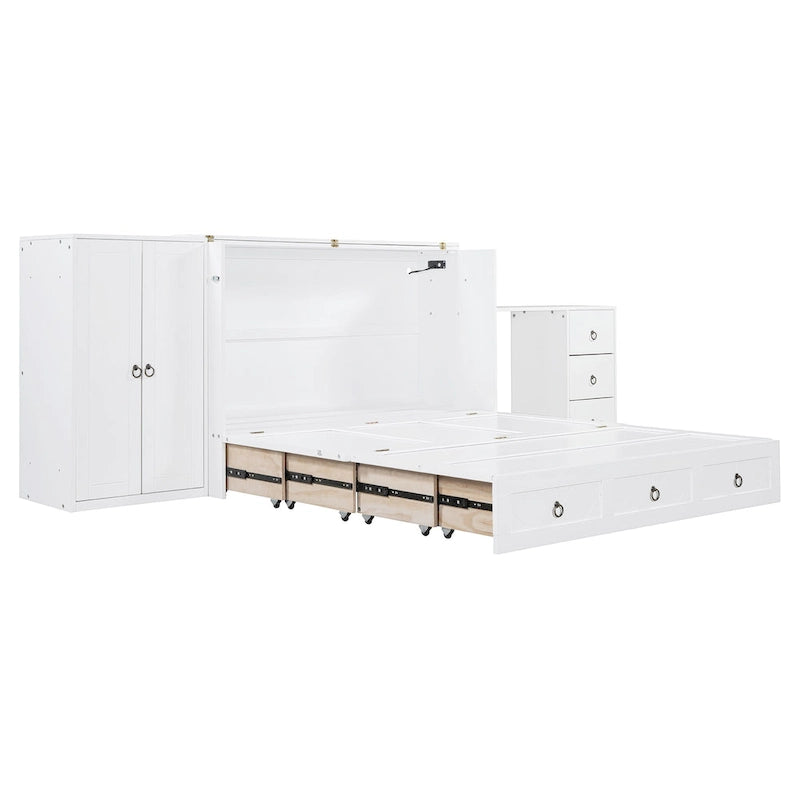 Lit escamotable Queen Size avec port USB, grand tiroir et penderie