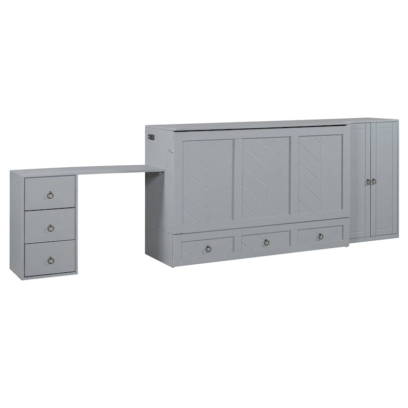 Lit escamotable Queen Size avec port USB, grand tiroir et penderie