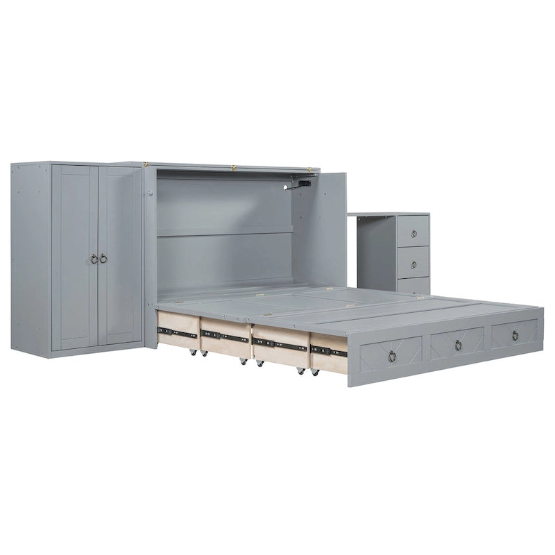 Lit escamotable Queen Size avec port USB, grand tiroir et penderie