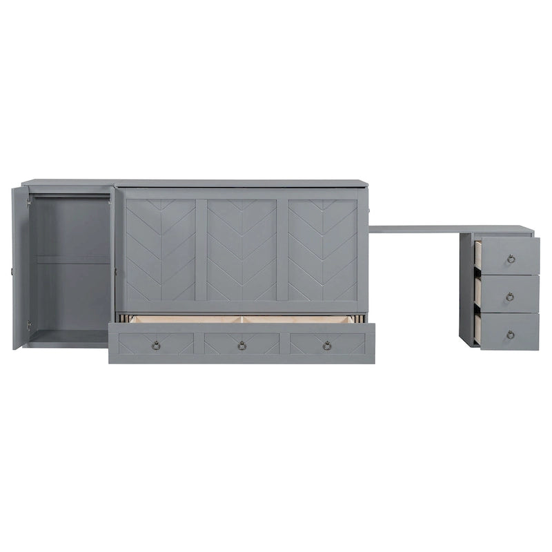 Lit escamotable Queen Size avec port USB, grand tiroir et penderie