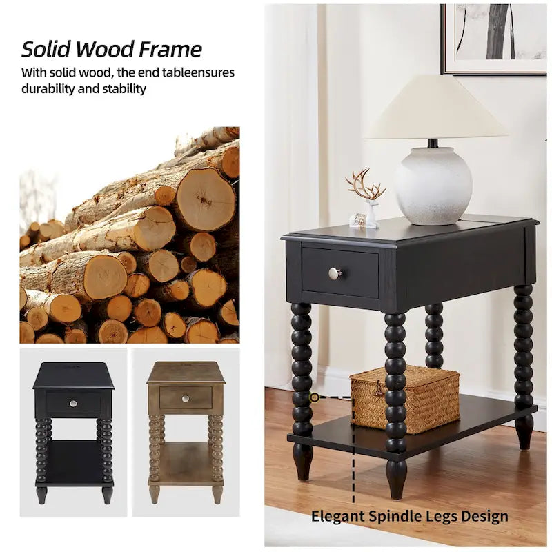 Table d'appoint traditionnelle en bois de 23,6 po avec pieds fuseau et port USB