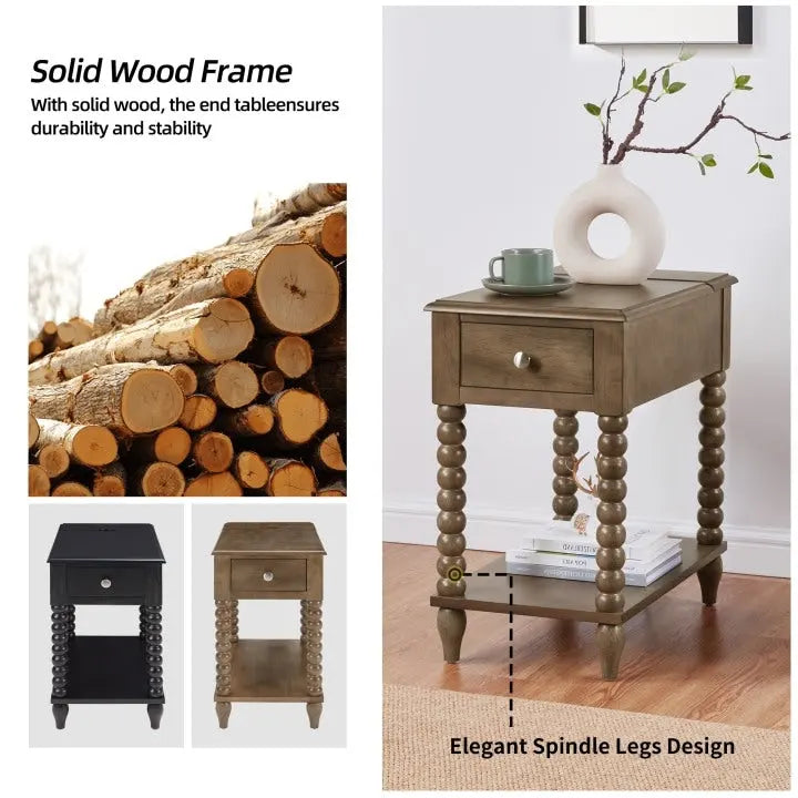 Table d'appoint traditionnelle en bois de 23,6 po avec pieds fuseau et port USB