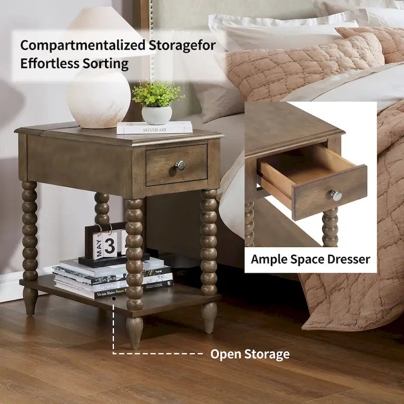 Table d'appoint traditionnelle en bois de 23,6 po avec pieds fuseau et port USB