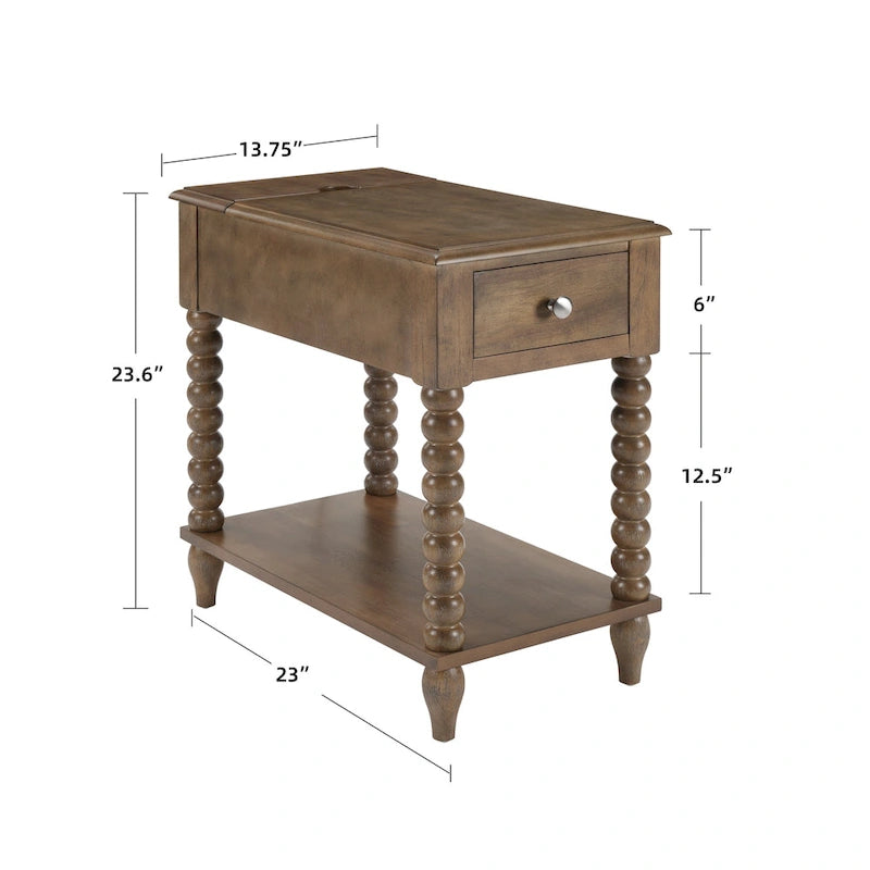 Table d'appoint traditionnelle en bois de 23,6 po avec pieds fuseau et port USB