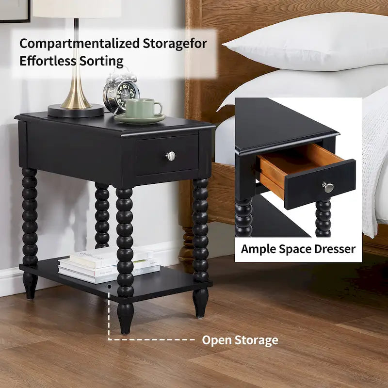 Table d'appoint traditionnelle en bois de 23,6 po avec pieds fuseau et port USB