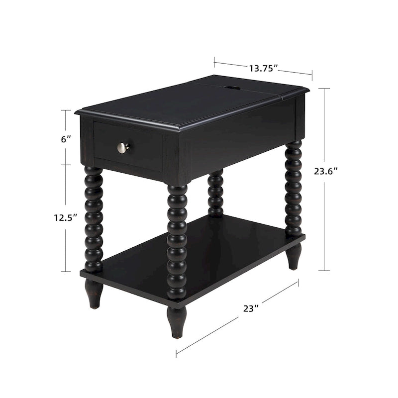 Table d'appoint traditionnelle en bois de 23,6 po avec pieds fuseau et port USB
