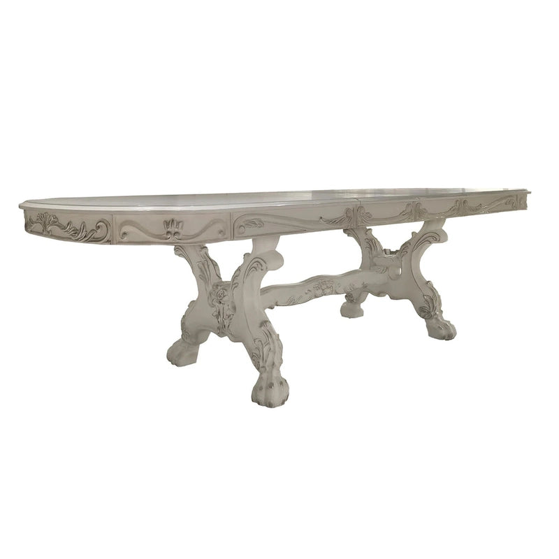 Table à manger, piédestal double, bois blanc cassé