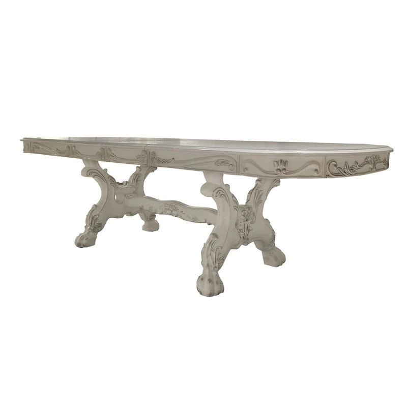 Table à manger, piédestal double, bois blanc cassé
