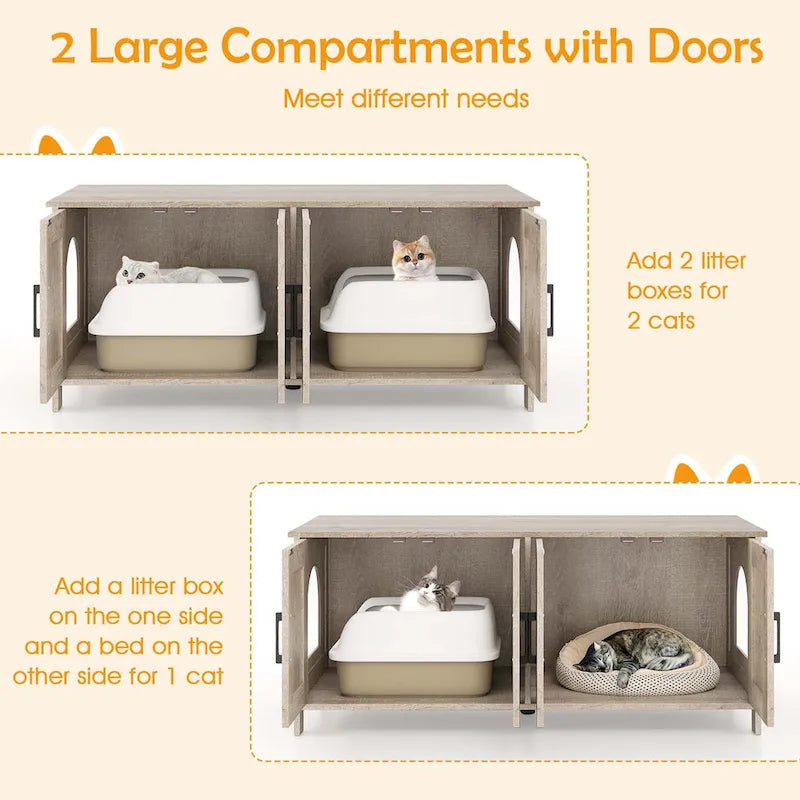 Meuble cache-litière Gymax pour 2 chats avec doubles compartiments en bois