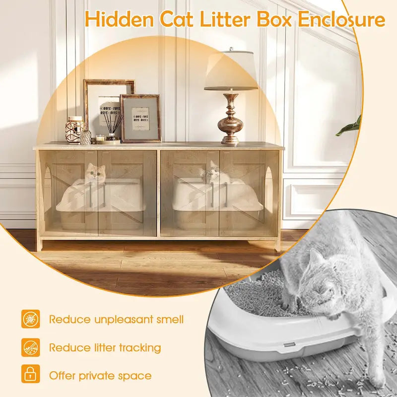 Meuble cache-litière Gymax pour 2 chats avec doubles compartiments en bois