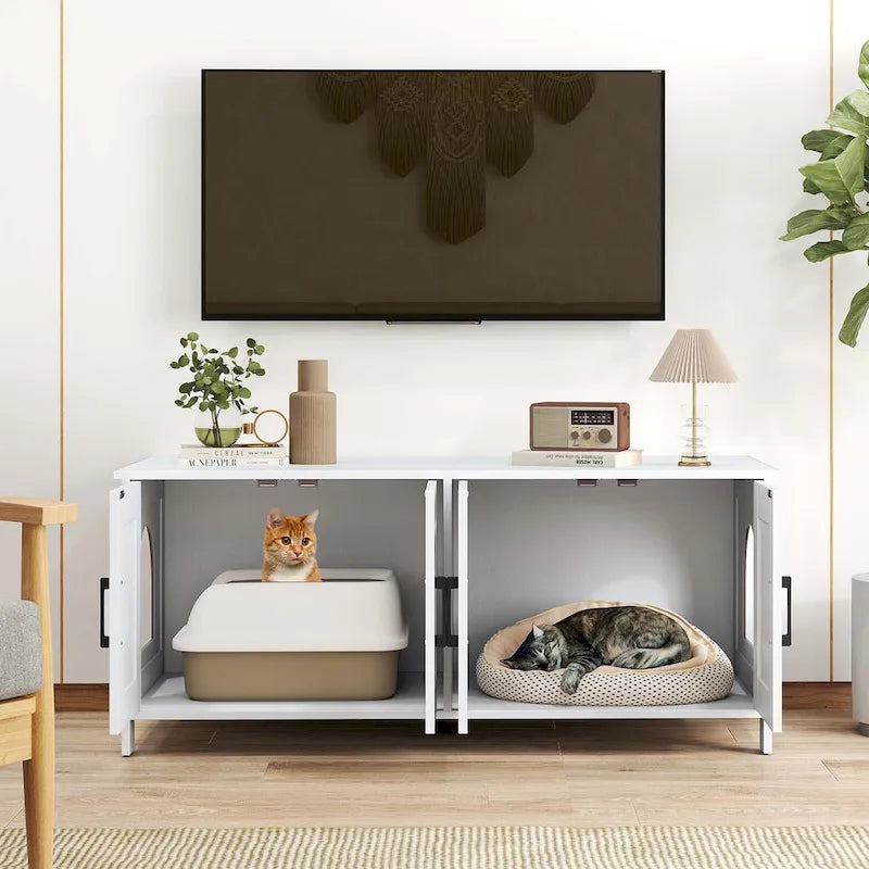 Meuble cache-litière Gymax pour 2 chats avec doubles compartiments en bois