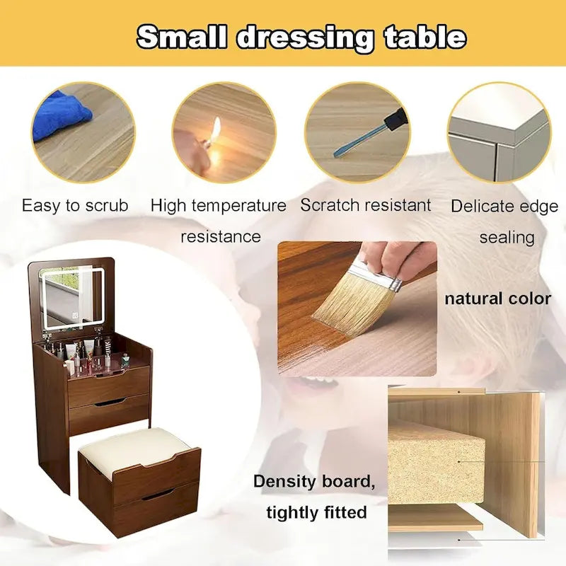 Coiffeuse 3-en-1 avec plateau en verre, 3 tiroirs et tabouret