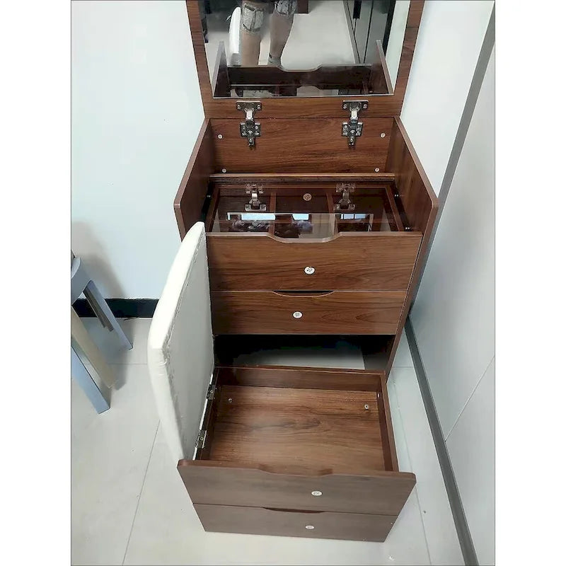 Coiffeuse 3-en-1 avec plateau en verre, 3 tiroirs et tabouret