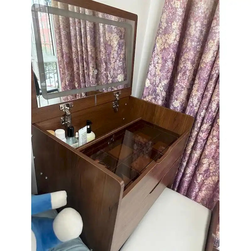 Coiffeuse 3-en-1 avec plateau en verre, 3 tiroirs et tabouret