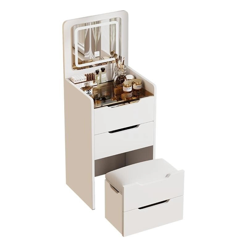 Coiffeuse 3-en-1 avec plateau en verre, 3 tiroirs et tabouret