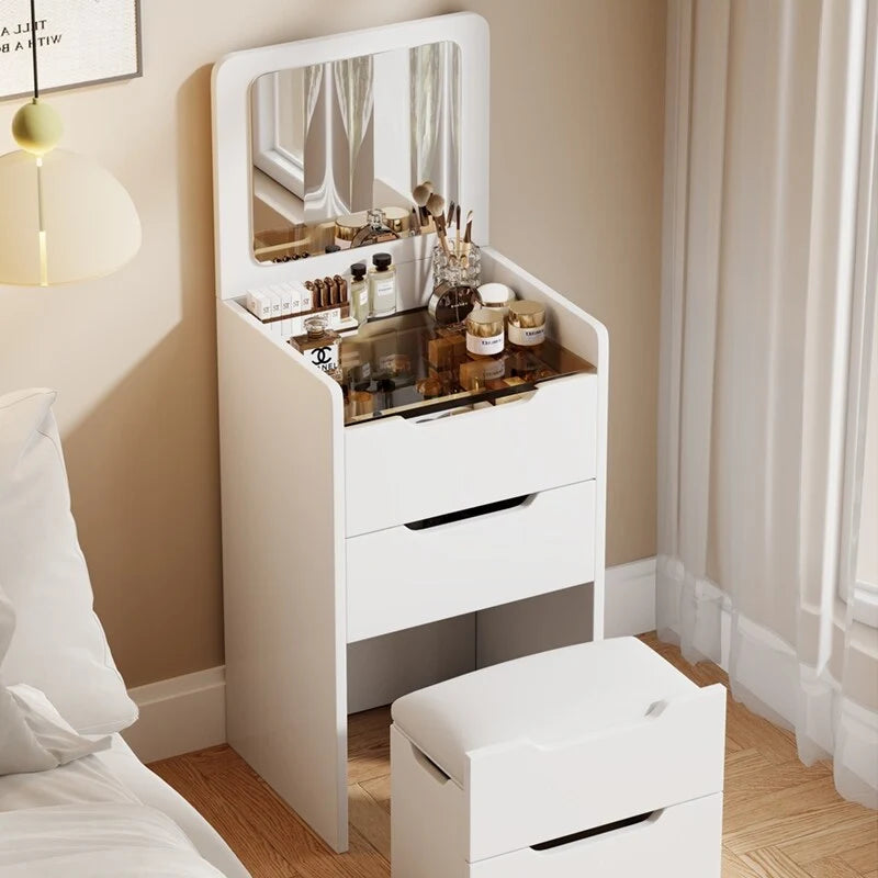 Coiffeuse 3-en-1 avec plateau en verre, 3 tiroirs et tabouret