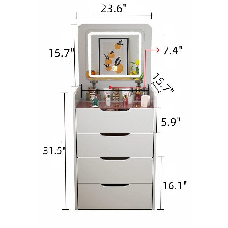 Coiffeuse 3-en-1 avec plateau en verre, 3 tiroirs et tabouret