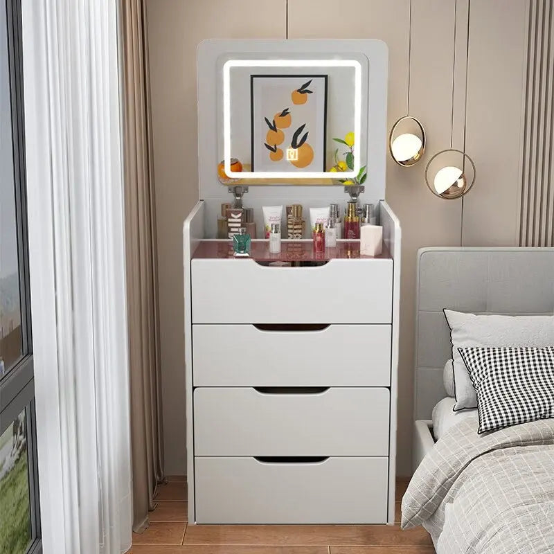 Coiffeuse 3-en-1 avec plateau en verre, 3 tiroirs et tabouret