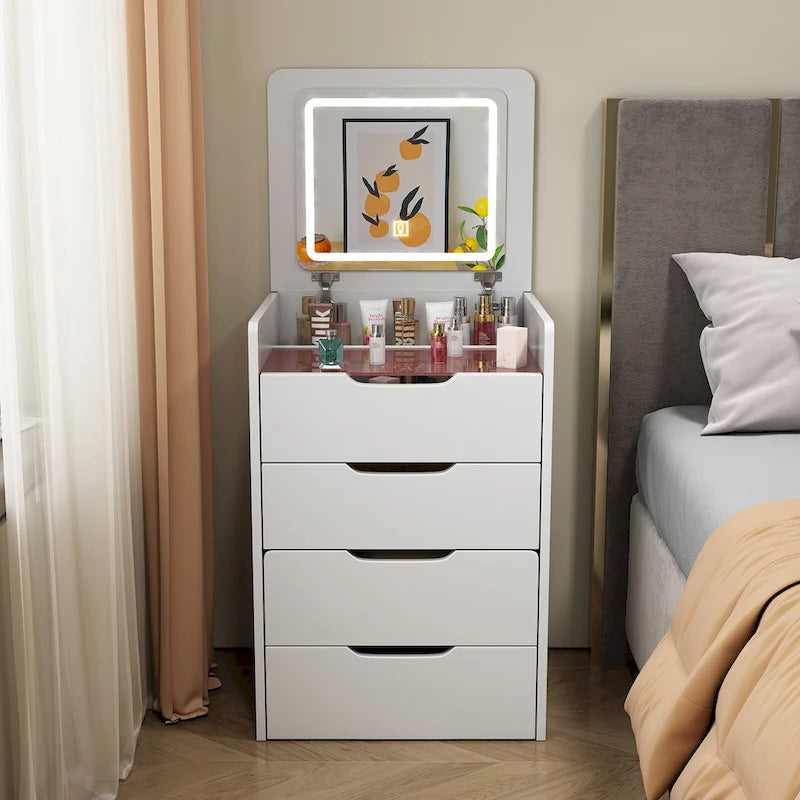 Coiffeuse 3-en-1 avec plateau en verre, 3 tiroirs et tabouret