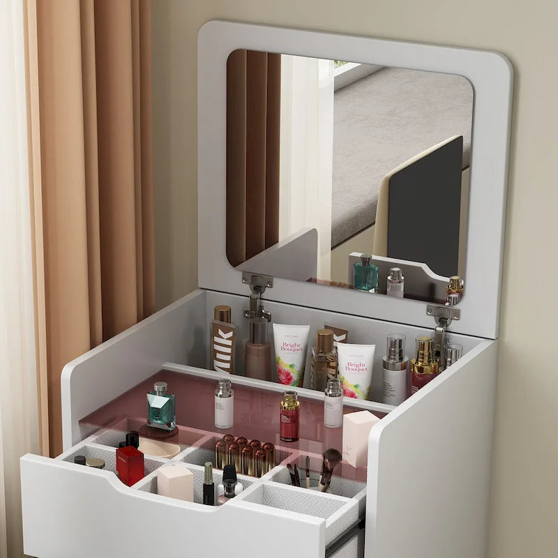 Coiffeuse 3-en-1 avec plateau en verre, 3 tiroirs et tabouret