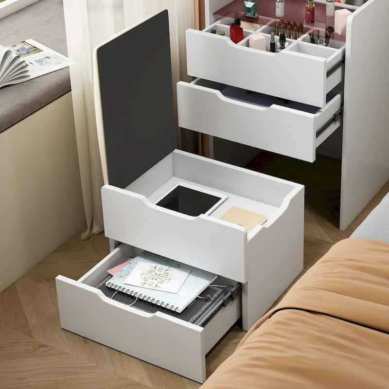 Coiffeuse 3-en-1 avec plateau en verre, 3 tiroirs et tabouret
