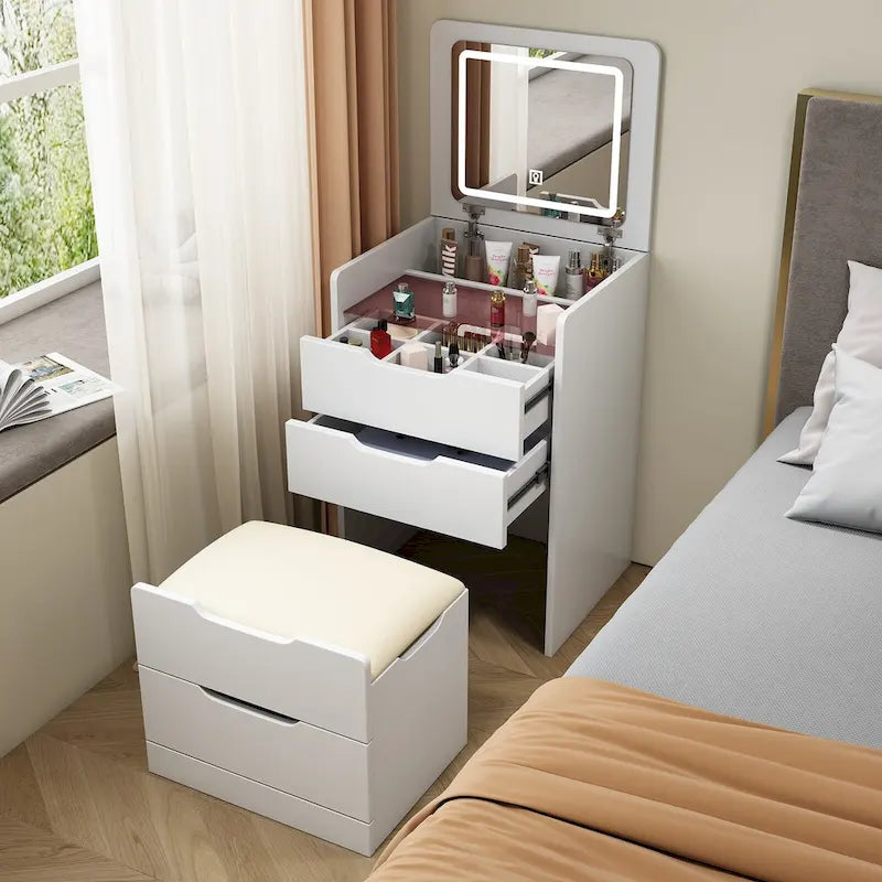 Coiffeuse 3-en-1 avec plateau en verre, 3 tiroirs et tabouret